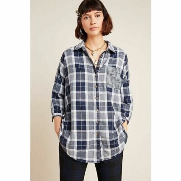 Anthropologie Pilcro Boyfriend Plaid Shirt Sz XS/S Oversized Blue Button Down - Picture 2 of 13